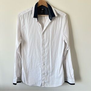 H&M Men White Navy Casual Long Sleeve Button-up Shirt Top